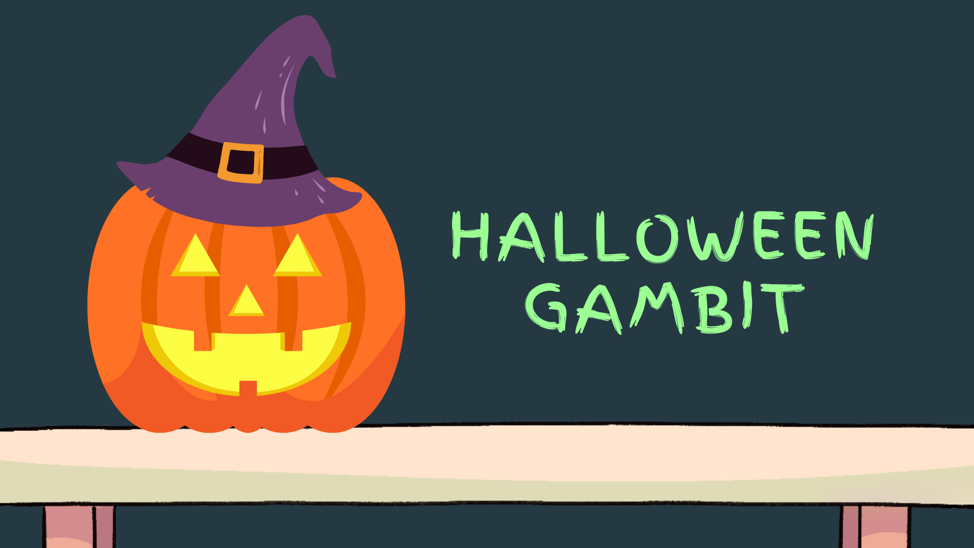 Pumpkin with a witch hat and text that reads: Halloween Gambit
